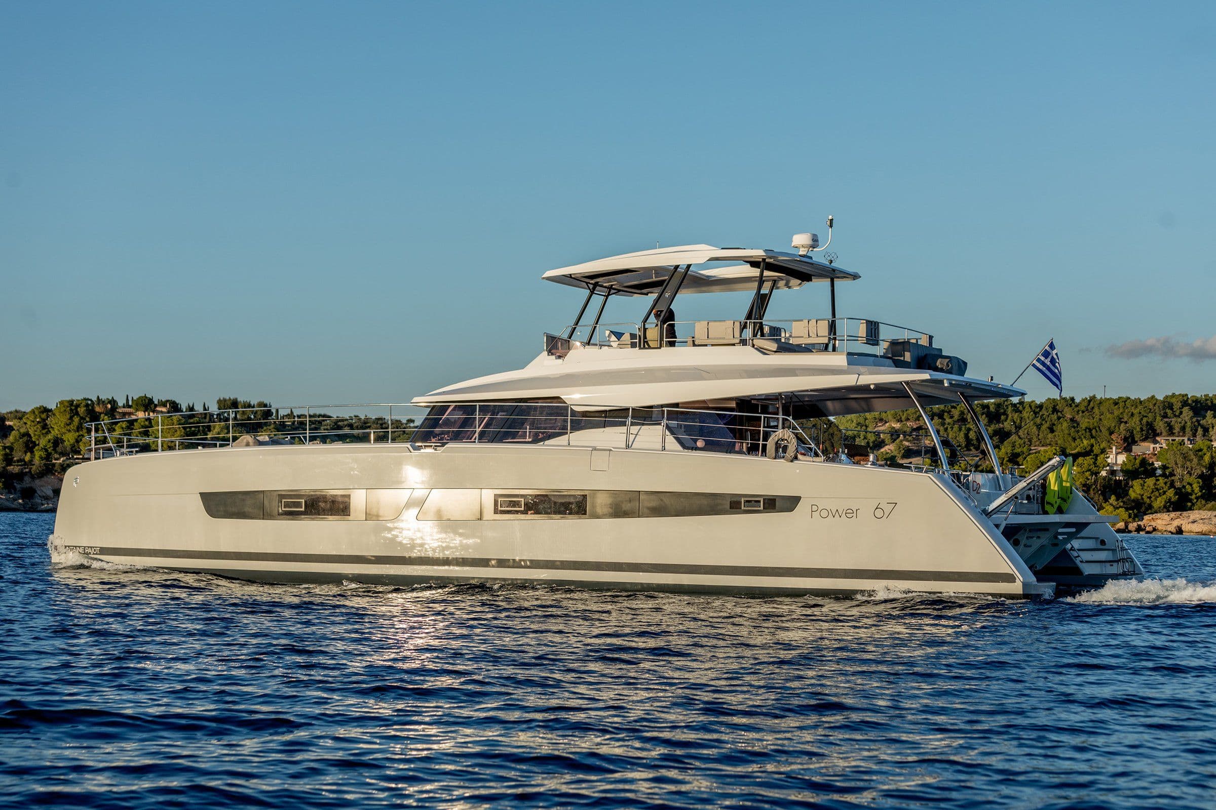 P/CAT D2, Fountaine Pajot Power 67, crewed yacht charter in Greek waters