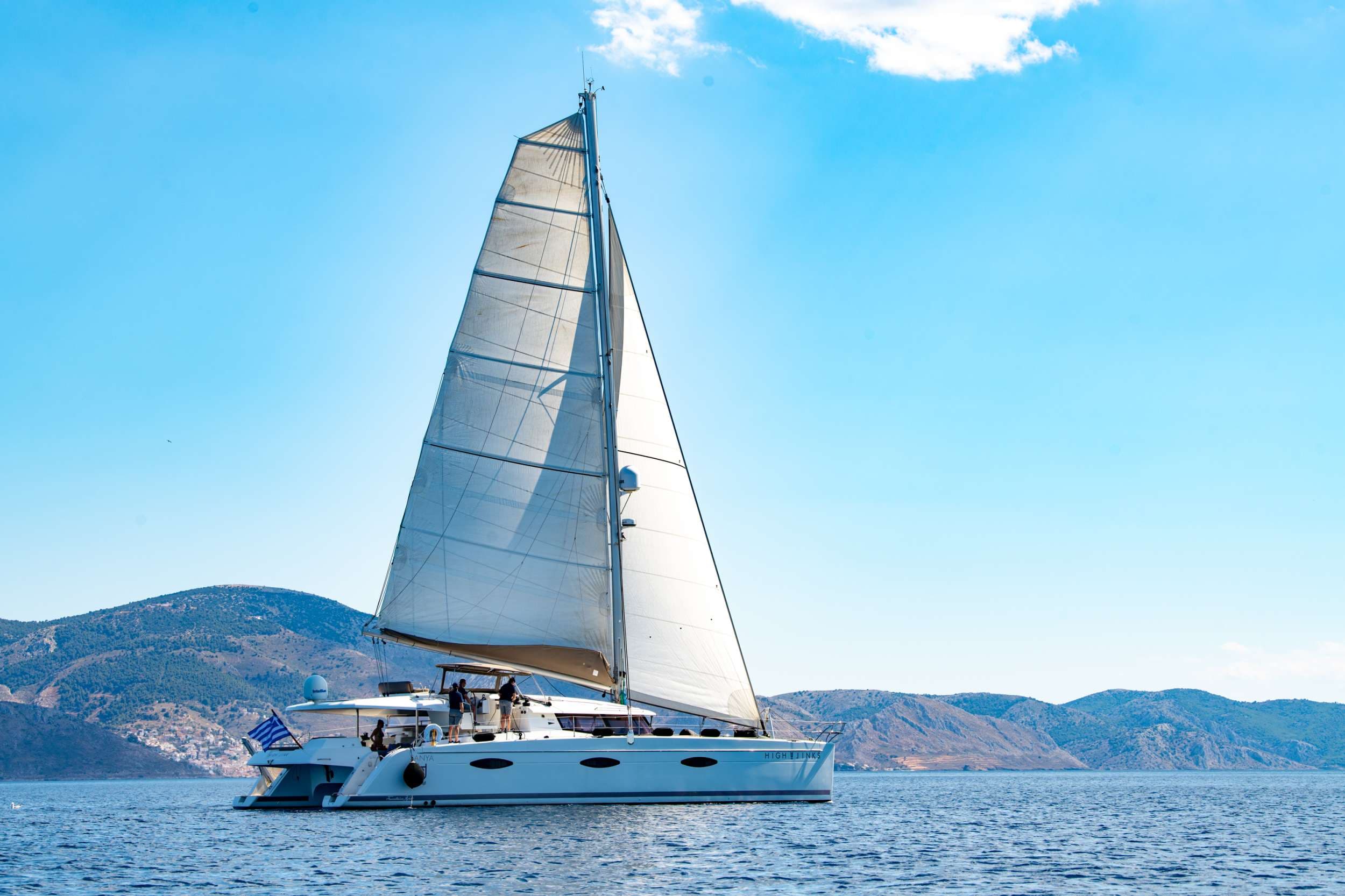 S/CAT High Jinks, Fountaine Pajot Sanya 57, crewed yacht charter in Greek waters